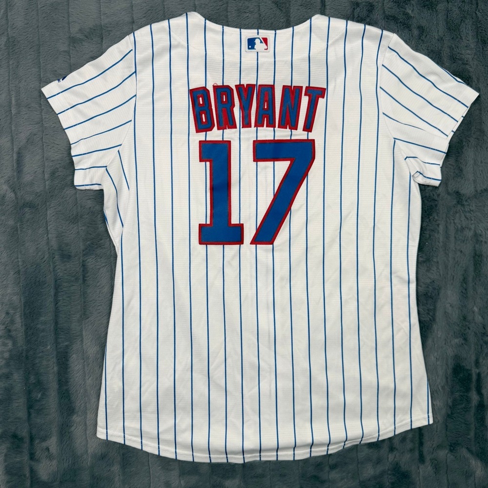 Majestic Chicago Cubs Kris Bryant 17 Jersey Kids Large White Pinstripe Cool Base